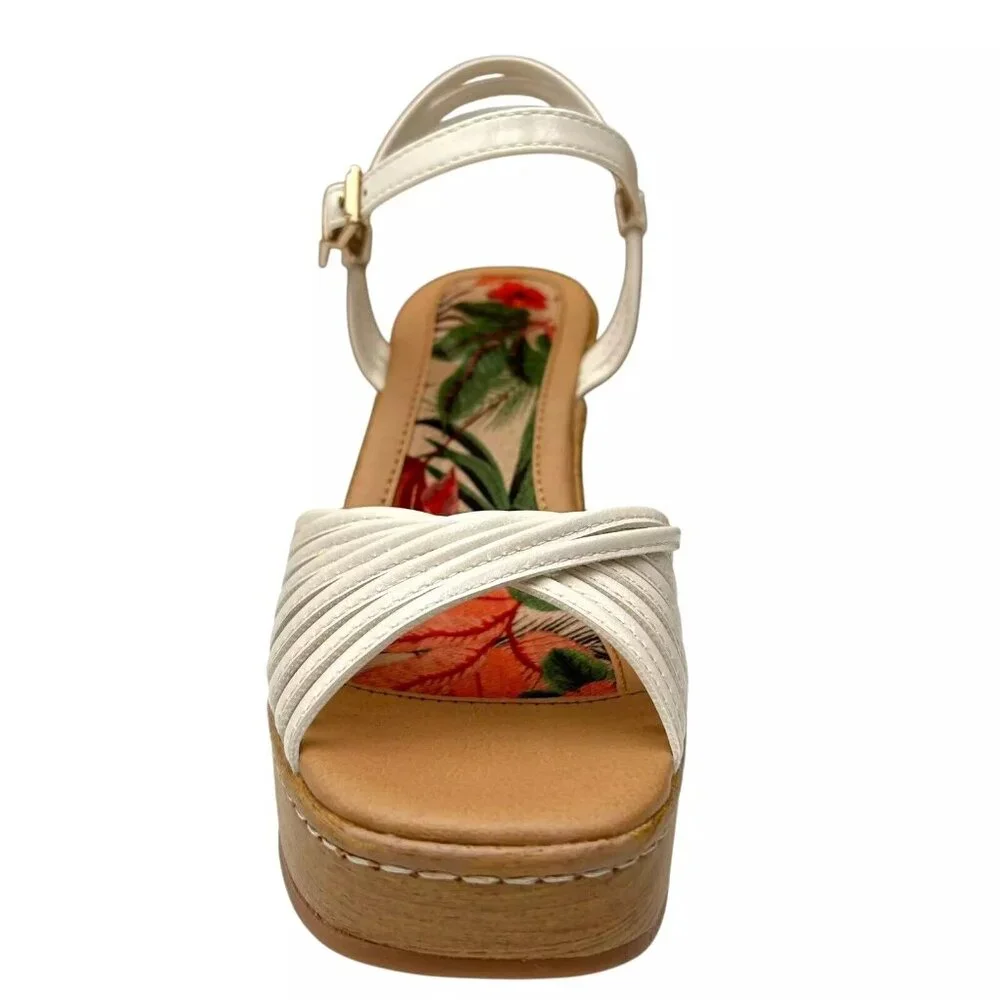 BOC Catalina Women's Platform Wedge Sandal Size 8 White/Tan‎ Glossy Straps Twist